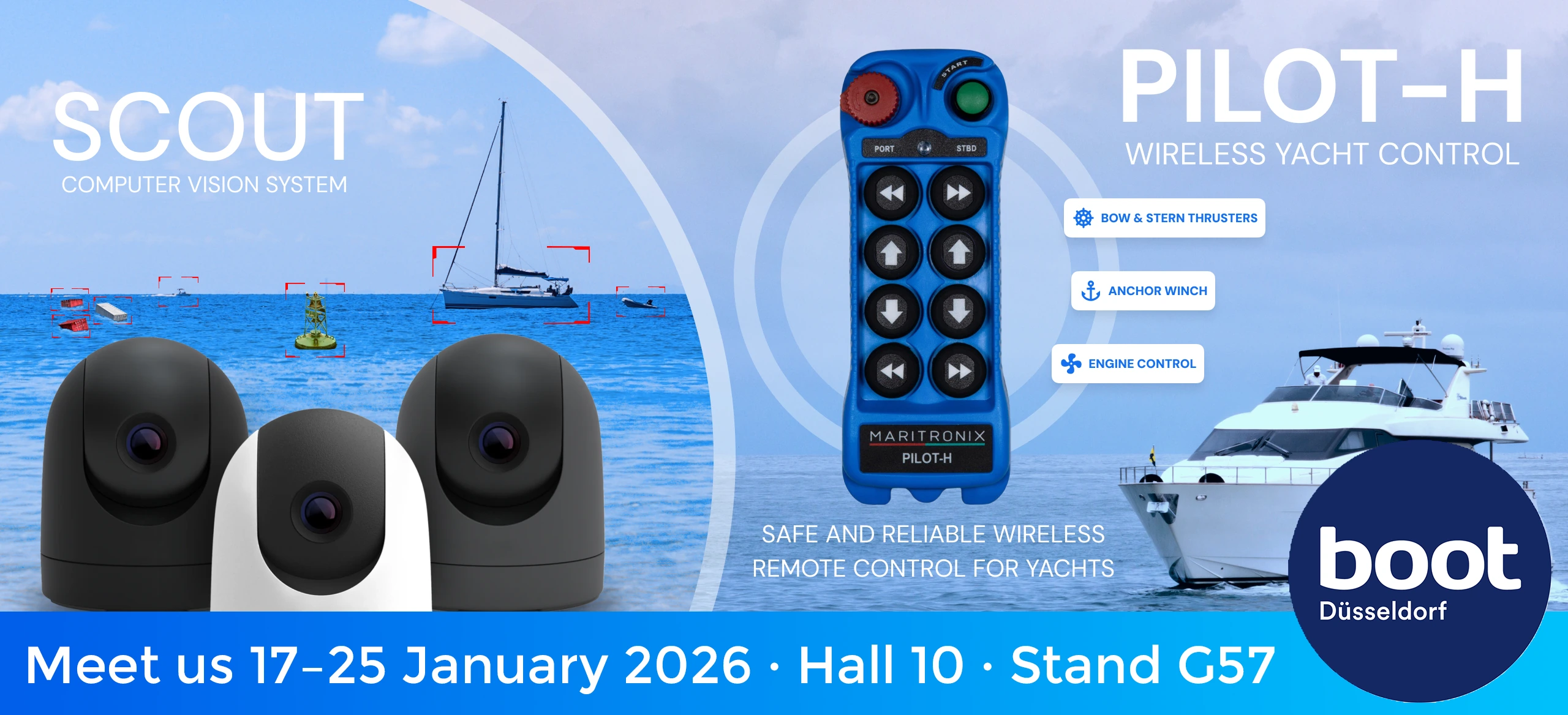 Maritronix banner showing SCOUT computer vision system and PILOT-H wireless yacht control with event dates 17–25 January 2026, Hall 10 Stand G57